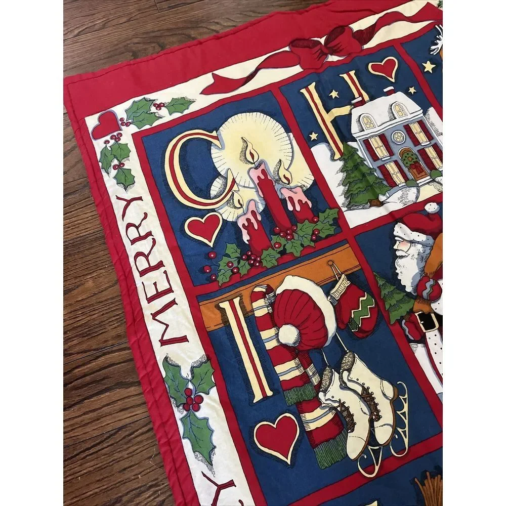 Vtg Quilted Baby blanket CHRISTMAS spell out Red Angels‎ Stockings Santa Striped